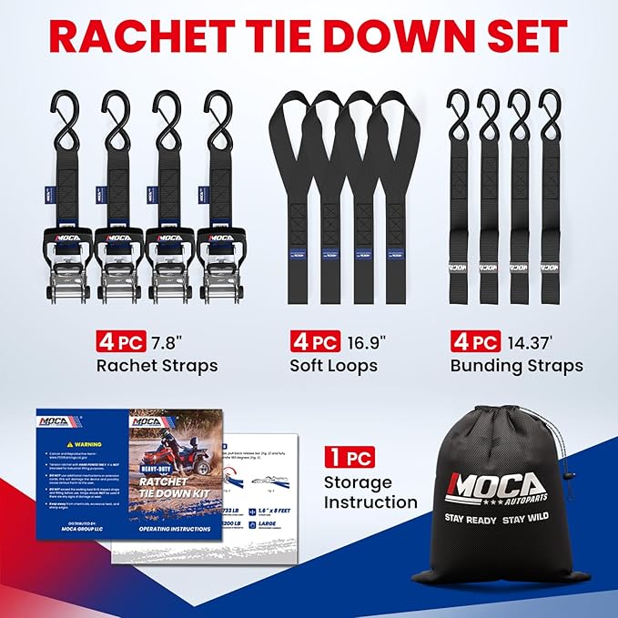 MOCA 15ft Heavy Duty Ratchet Tie Down Straps 1.6"x 15' (5200 Lbs Breaking Strength), Ultimate Tie Down Straps with Coated Chromoly S Hooks for Trucks, Cargo, Motorcycle, Cargo & More, Carry Bag, Black