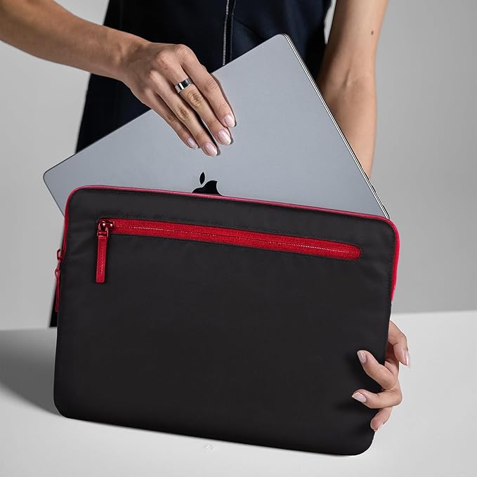 Incase Compact Laptop Sleeve with Flight Nylon - 14-inch MacBook/Laptop & iPad/Tablet Sleeve - Faux Fur Lining, Lightweight, Durable, Weather Resistant, Slip Pocket for Accessories - Black/Signal Red