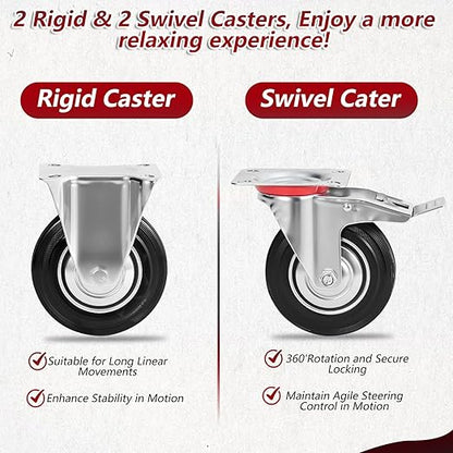 4 Inch Caster Wheels Set of 4, Heavy Duty Casters with Brake, Rubber Locking Casters for Cart, Workbench,Black (4" 4Pack with Brake, 4)