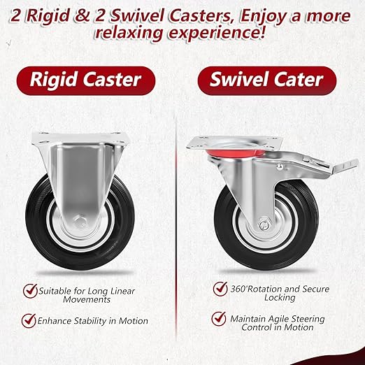 3 Inch Caster Wheels Set of 4, Heavy Duty Casters with Brake, Rubber Locking Casters for Cart, Workbench,Black (3" 4Pack with Brake, 4)