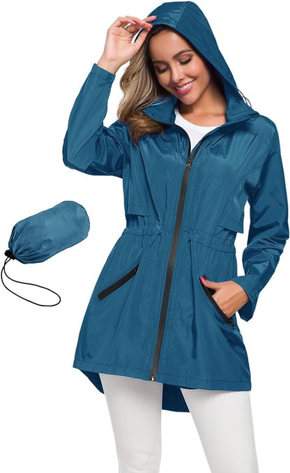 Avoogue Women's Long Raincoat with Hood Outdoor Lightweight Windbreaker Rain Jacket Waterproof