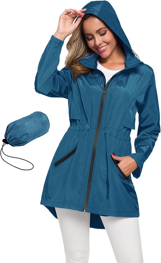 Avoogue Women's Long Raincoat with Hood Outdoor Lightweight Windbreaker Rain Jacket Waterproof