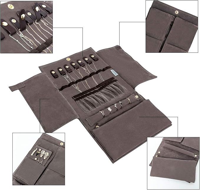 Becko US Jewelry Organizer Roll Travel Jewel Bag case for Multiple Necklaces, Rings, Bracelets, Supple Leather & Suede, Large Capacity Without Crease, Lightweight, Portable & Practical (Dark Blue)