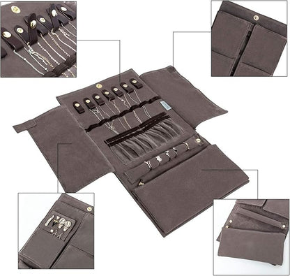 Becko US Jewelry Organizer Roll Travel Jewel Bag case for Multiple Necklaces, Rings, Bracelets, Supple Leather & Suede, Large Capacity Without Crease, Lightweight, Portable & Practical (Dark Blue)