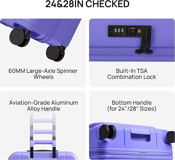 NINETYGO Medium Checked Luggage 24 Inch, Top Opening Luggage Checking In Luggage, Expandable, PC Hard Shell, Larger Capacity Checked, TSA Lock, 360° Spinner Wheels (Purple)