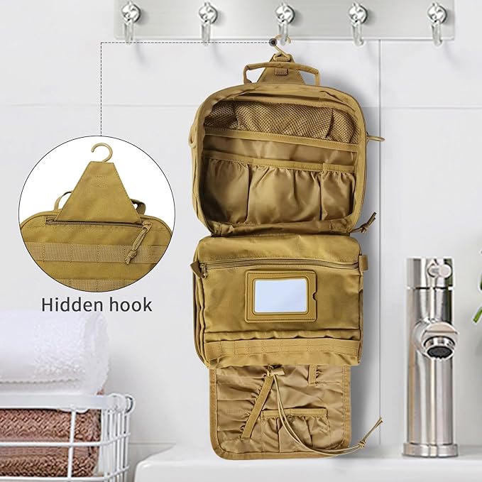 Tactical Toiletry Bag for Men, Travel Hanging Toiletry Bags, Toiletries Organizer Dopp Kit, Travel Cosmetic Bag,Shaving Hygiene Bag, Bathroom Essentials Men's Toiletry Bag for Camping - Khaki
