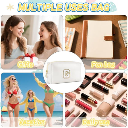 Gifts for Girls Initial Makeup Bag Personalized Cosmetic Bag with Zipper Cute Travel Toiletry Bags Waterproof PU Preppy Makeup Pouch Birthday Gift for Teen Girls Women(White G)