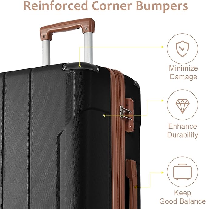Merax Luggage Sets 3 Piece, Hardshell ABS Lightweight Durable Suitcases with Double Spinner Wheels, Black Brown, 20/24/28 Inch