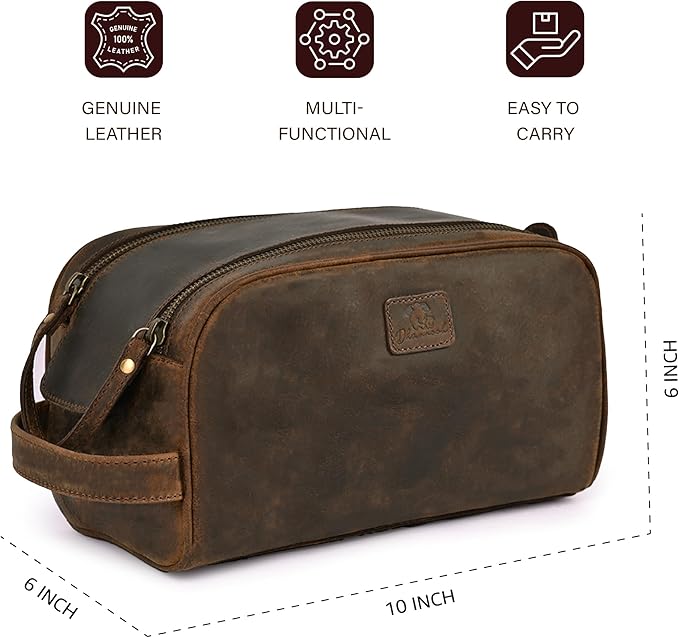King-Size Premium Leather Toiletry Travel Pouch – Handcrafted Vintage Dopp Kit Bag with Waterproof Lining, Spacious Design for Travel Essentials, Elegant Brown Finish
