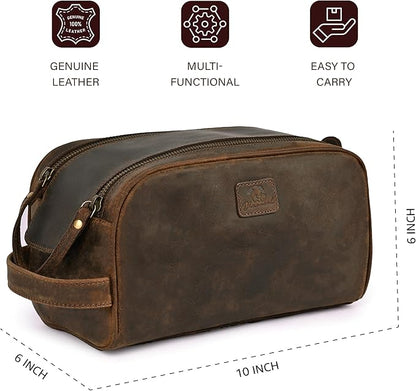 King-Size Premium Leather Toiletry Travel Pouch – Handcrafted Vintage Dopp Kit Bag with Waterproof Lining, Spacious Design for Travel Essentials, Elegant Brown Finish