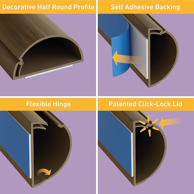 D-Line Half Round Cord Hider, Patented Cable Cover, Hide TV Wall Mount Wires, Raceway for Cords, Decorative Wire Covers, Paintable, Adhesive Cable Concealer, 2in W x 1in H x 39in L, Wood-Effect
