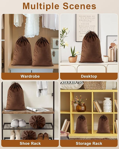 FantasyLife Shoe Bags for Travel, Washable Dust Bags for Storage & Packing, Flannel Shoe Pouch with Drawstring Closure for Purses, Handbags, Shoes & Toys (2, Mocha Mousse)
