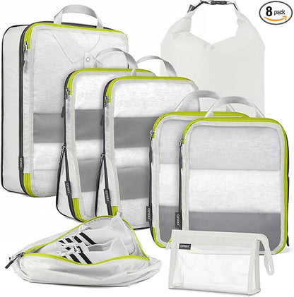 Cipway Compression Packing Cubes Mesh, Lightweight Luggage Organizer Bags with Laundry Bag,Toiletries Bag and Shoe Bag, Travel Essentials for Carry on Suitcase（8Pcs,White）
