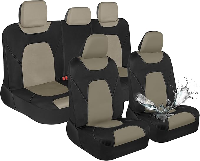 Motor Trend Waterproof Car Seat Covers Full Set – Black & Beige Seat Covers for Car Front & 60/40 Split Back Bench - Carseat Cover for Trucks, SUV - Universal Fit for Most Regular Size Vehicles