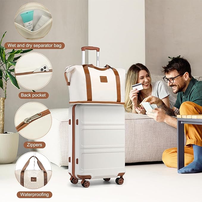 Kono Suitcase Set 3 Piece Carry On Lightweight PC+ABS Hardside Luggage with TSA Lock Spinner Wheels (Cream White, 20in)