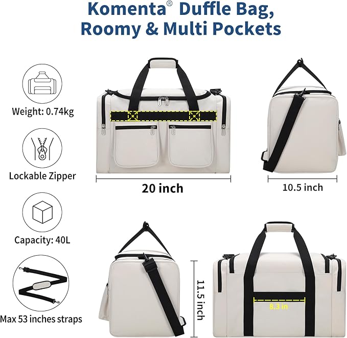 20 inch Gym Bag for Men, 40L Sports Duffle Bag with side pockets durable Weekend Overnight Bag for Travel, Workout, Fitness (White)