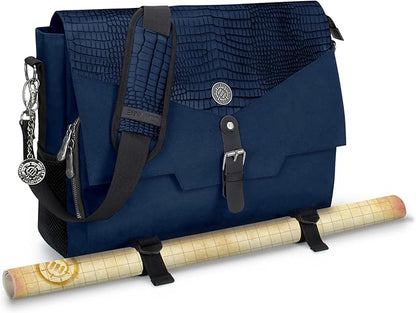 ENHANCE Collector's Edition RPG Player's Essentials DND Bag - Dragon Hide Exterior Messenger Bag Fits 2-4 Books, Binders, Dice & Accessories, with 17 inch Laptop Slot, Battlemap Straps (Dragon Blue)