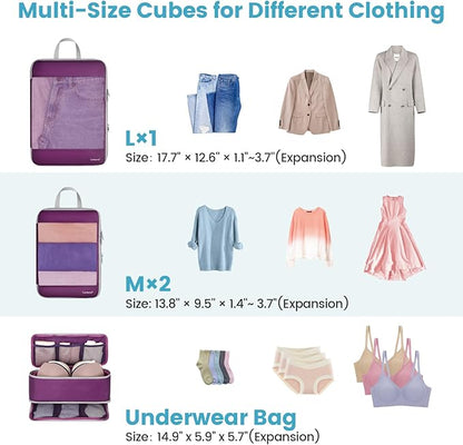 Cambond Compression Packing Cubes - 4 Set See Through Mesh Packing Cubes for Travel, Expandable Travel Essentials Packing Organizers for Carry on Suitcases with 3-in-1 Underwear Bag, Purple