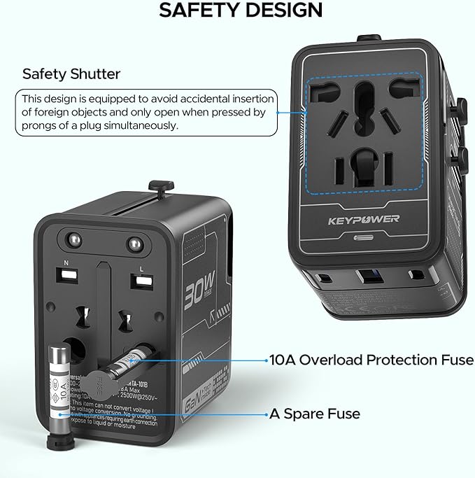 Universal Travel Adapter 30W GaN, KEY POWER All-in-One International Power Adapter with 2 USB-C & 1 USB-A, Worldwide Plug Converter for EU/US/UK/AU in 200+ Countries