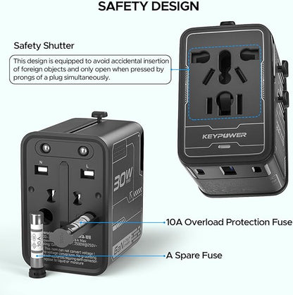 Universal Travel Adapter 30W GaN, KEY POWER All-in-One International Power Adapter with 2 USB-C & 1 USB-A, Worldwide Plug Converter for EU/US/UK/AU in 200+ Countries