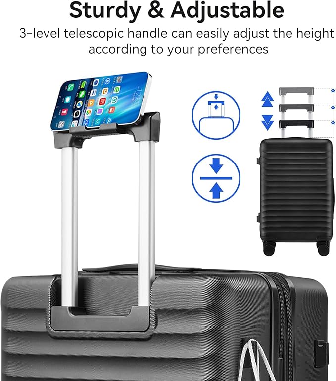 Travel Suitcase Sets 3 Piece, Expandable Hardshell Luggage Sets 3pcs with TSA Lock Spinner Wheels, Black (20''/24''/28")