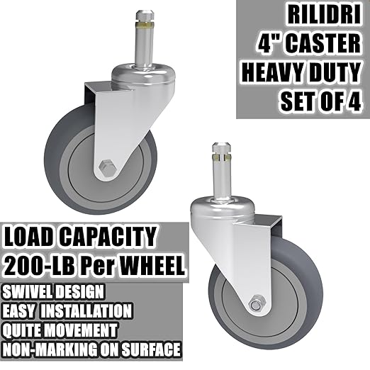 4-Inch Swivel Stem Caster, 7/16-Inch Stem Diameter Rubber Wheel, Heavy Duty TPR Replacement Wheels for Rubbermaid Mop Bucket Cart Grill Casters - 4 Pack