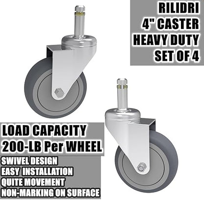 4-Inch Swivel Stem Caster, 7/16-Inch Stem Diameter Rubber Wheel, Heavy Duty TPR Replacement Wheels for Rubbermaid Mop Bucket Cart Grill Casters - 4 Pack