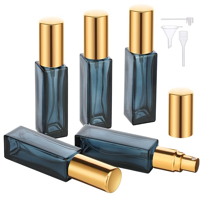 Segbeauty Mini Perfume Atomizer, 5 Set of 10ML Travel Refillable, Glass Dispenser Empty Pump Bottle Small Portable Spray Bottles Toiletries Cosmetic Container for Traveling Outgoing, Blue-gold