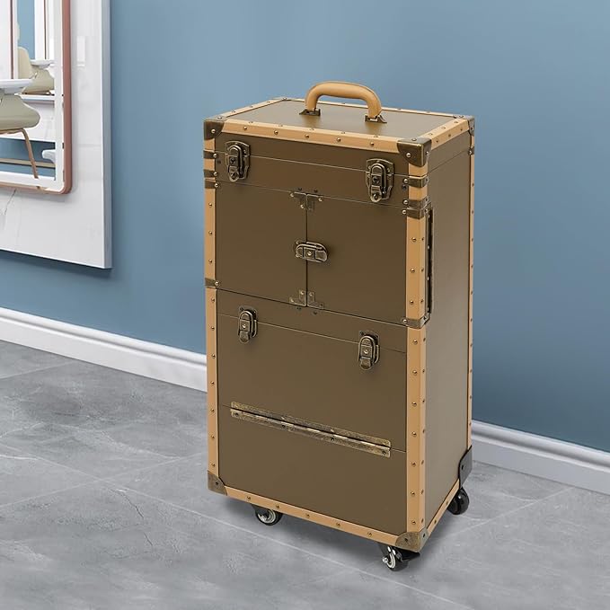 Beauty Rolling Makeup Train Case, Professional Lockable Rolling Salon Luggage, Retro-Rolling Cart Storage Organizer Trolley Make Up Case, 4 Universal Wheels, Retractable Rod, Buckle (Gold)