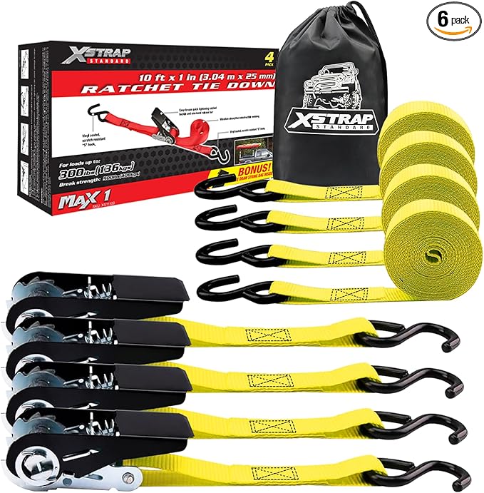 XSTRAP STANDARD Ratchet Tie Down Straps 4 Pk 10 Ft- 300 Lbs Load Cap- 900 Lbs Break Strength-Cargo Straps for UTV, ATV, Pickup,Truck, Moving Appliances, Lawn Equipment, Yellow