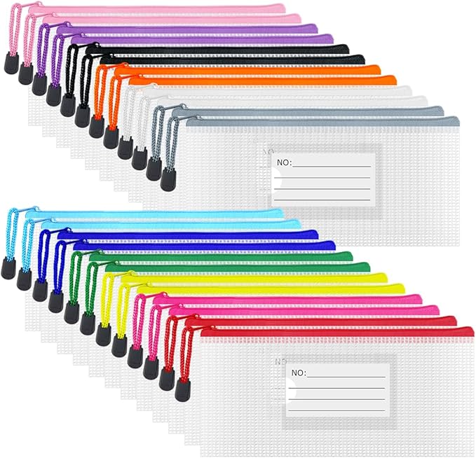 BOPART 24pcs Small Mesh Zipper Pouch 9.3x4.7 Inches Pencil Pouch Bags, Small Mesh Bag with Label Pocket for School & Office Supplies, Plastic Zip Bill Bags for Home Travel Storage & Organizing