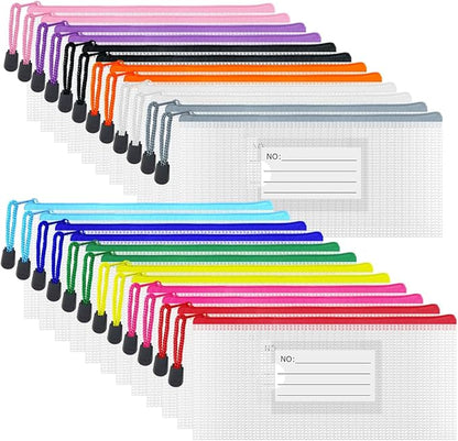BOPART 24pcs Small Mesh Zipper Pouch 9.3x4.7 Inches Pencil Pouch Bags, Small Mesh Bag with Label Pocket for School & Office Supplies, Plastic Zip Bill Bags for Home Travel Storage & Organizing