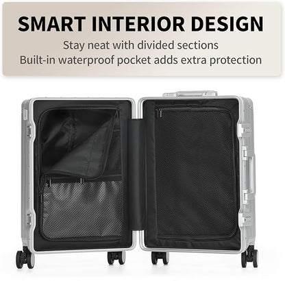 20 Inch Aluminum Frame Carry On Luggage 22x14x9 Airline Approved with Spinner Wheels,Zipperless Hard Shell Small Rolling Suitcases with TSA Approved USB Port,Cup & Phone Holder,Silver