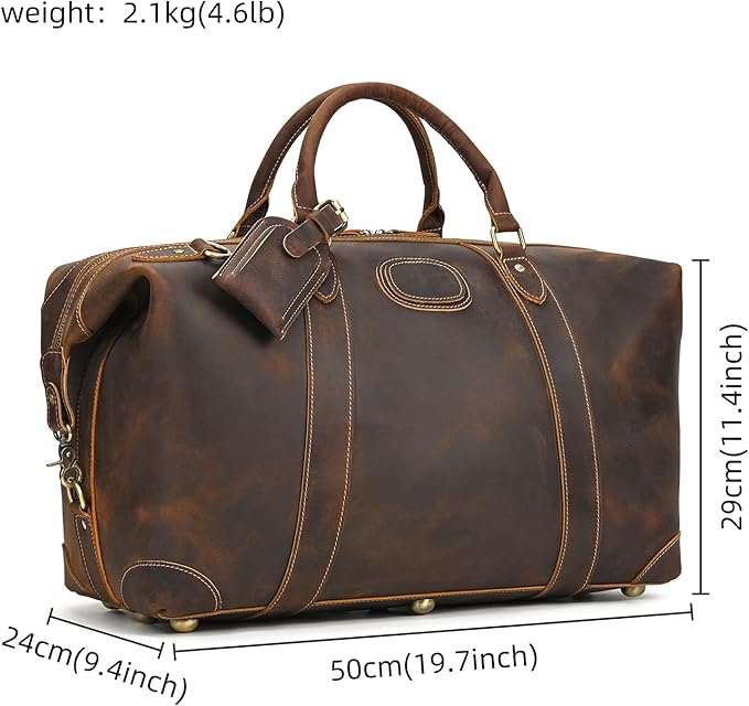 Full-grain Genuine Leather Travel Bag Large Capacity Luggage Duffel Bag for Men Shoulder Handbag Holiday Business Trip Bag, Brown