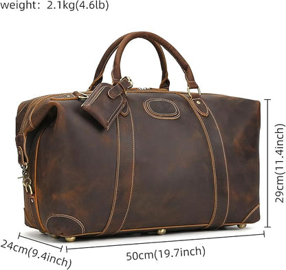 Full-grain Genuine Leather Travel Bag Large Capacity Luggage Duffel Bag for Men Shoulder Handbag Holiday Business Trip Bag, Brown
