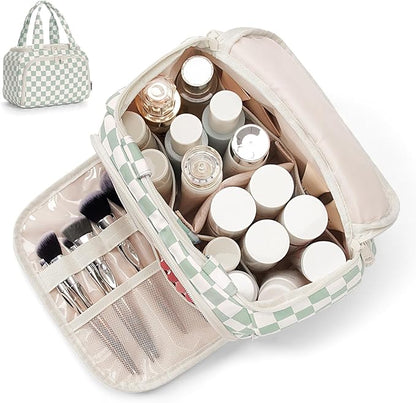 Narwey Large Travel Toiletry Bag, Wide-open Travel Bag for Toiletries, Toiletry Bags for Traveling Women, Cosmetic Make Up Makeup Bag Organizer with Wet Pocket, Skincare Bag (Mint Green Checkerboard)