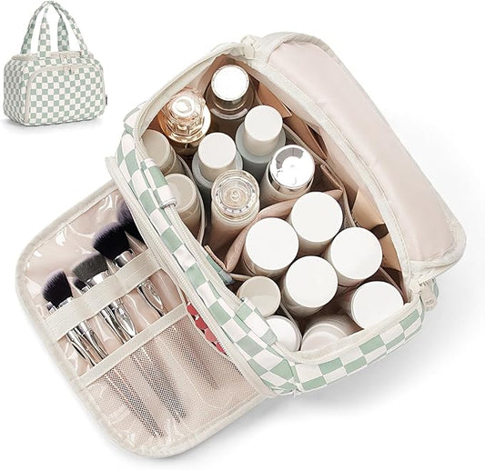 Narwey Large Travel Toiletry Bag, Wide-open Travel Bag for Toiletries, Toiletry Bags for Traveling Women, Cosmetic Make Up Makeup Bag Organizer with Wet Pocket, Skincare Bag (Mint Green Checkerboard)