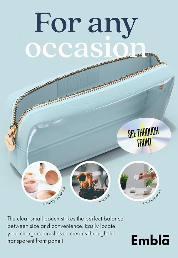 Embla London Makeup Bag Cosmetic Case, Clear Zipper Make Up Pouch and Toiletry Travel Tote, Cute Skincare Pouches for Women Girls, Preppy Purse Cosmetic Organizer, Small Makeup Bags, Sky Blue