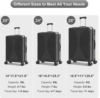 Karl home 24" Check-in Luggage, PP Hardside Checked Medium Suitcase with Wheels, Waterproof Durable Rolling Luggage with Built-in Lock for Travel Business, Dark Grey