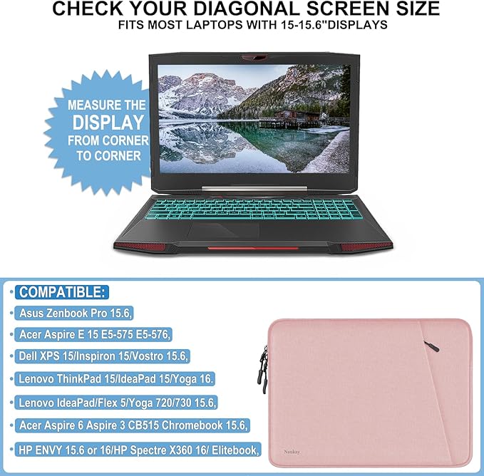Laptop Sleeve Case, Shockproof Protective Computer Sleeve Cover with Accessories Pocket, Water Resistant Traveling Carrying Laptop Bag Compatible for 15.6 inch MacBook Dell HP Acer Lenovo, Pink