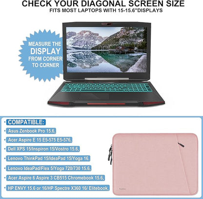 Laptop Sleeve Case, Shockproof Protective Computer Sleeve Cover with Accessories Pocket, Water Resistant Traveling Carrying Laptop Bag Compatible for 15.6 inch MacBook Dell HP Acer Lenovo, Pink