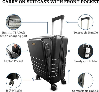 20-Inch Hardside Carry-On Luggage with Spinner Wheels – Airline Approved 22x14x9 Travel Suitcase with USB Port, Front Laptop Pocket & TSA Lock (Blue-Grey)