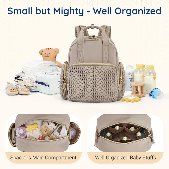mommore Diaper Bag Backpack Small Diaper Backpack Mini Travel Baby Bag Quilted Diaper Bag with Insulated Pockets, Stroller Straps