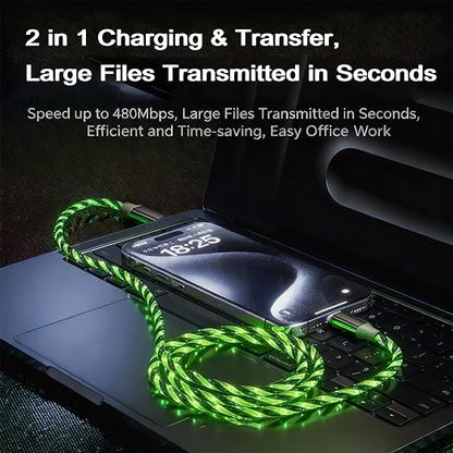 USB Cable PD Fast Charger Lighted Up (USB A TO C Starry Green)Mobile Phone Data Cable, Charging Cable, Supports Data Transfer, 39-inch, TPE Material, Compatible with Almost All Type-C Devices