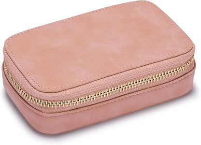 HISCOW Vegan Leather Travel Jewelry Case with Zipper - Portable Necklace & Earring Holder Organizer for Women Girls, Velvet-Lined Ring Box with Anti-Tarnish Design, Pink
