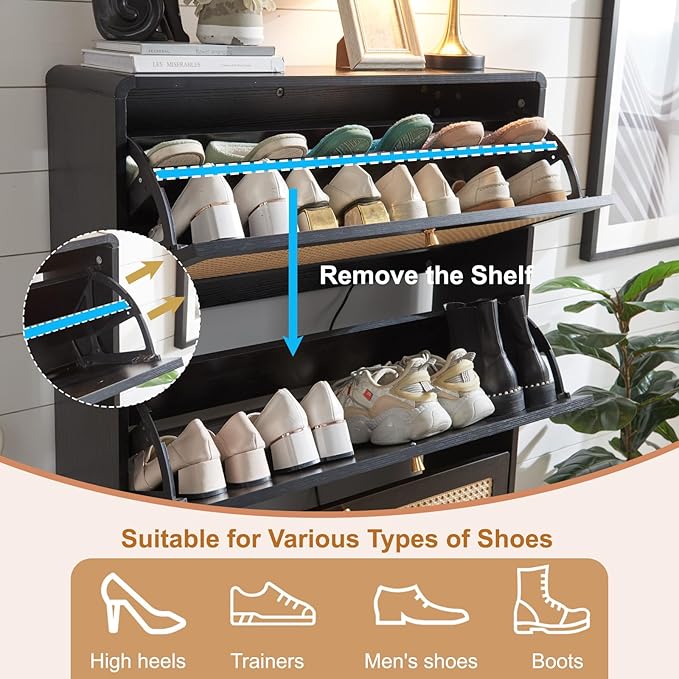 Rattan Shoe Cabinet with 3 Flip Drawers, 24 Pairs Narrow Shoe Storage Cabinet for Entryway Freestanding Hidden Shoe Rack, Modern Slim Wood Shoe Organizer for Hallway, Black