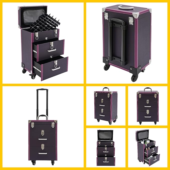 Rolling Makeup Case w/ 2 Keys, 3-tier Lockable Makeup Train Case w/ Drawers, Removable Baffle Nail Polish Organizer, Travel Cosmetic Case w/ 17.7in Telescopic Rod, 14.1*9*22.4in, Silver Latch+Purple