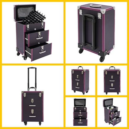Rolling Makeup Case w/ 2 Keys, 3-tier Lockable Makeup Train Case w/ Drawers, Removable Baffle Nail Polish Organizer, Travel Cosmetic Case w/ 17.7in Telescopic Rod, 14.1*9*22.4in, Silver Latch+Purple