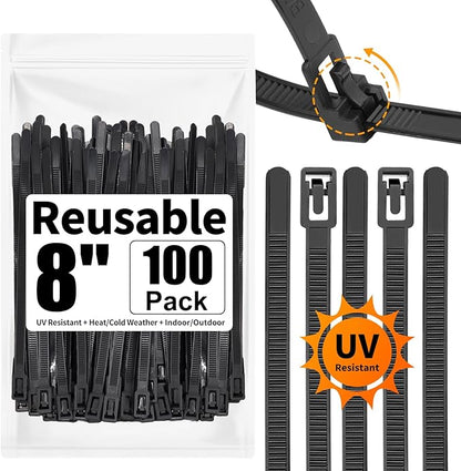 SOOOEC 100 Pack Reusable Zip Ties 8 Inch Heavy Duty Outdoor UV Resistant, Releasable Black Zip Ties Heavy Duty Indoor Round Ending No Hurt, Cable Ties Reusable Tie Wraps Non Slip Off