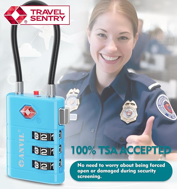ANVIL TSA Approved Luggage Locks – High Security TSA008 Combination Travel Locks with Inspection Indicator for Suitcases and Backpacks. (3, Bule)